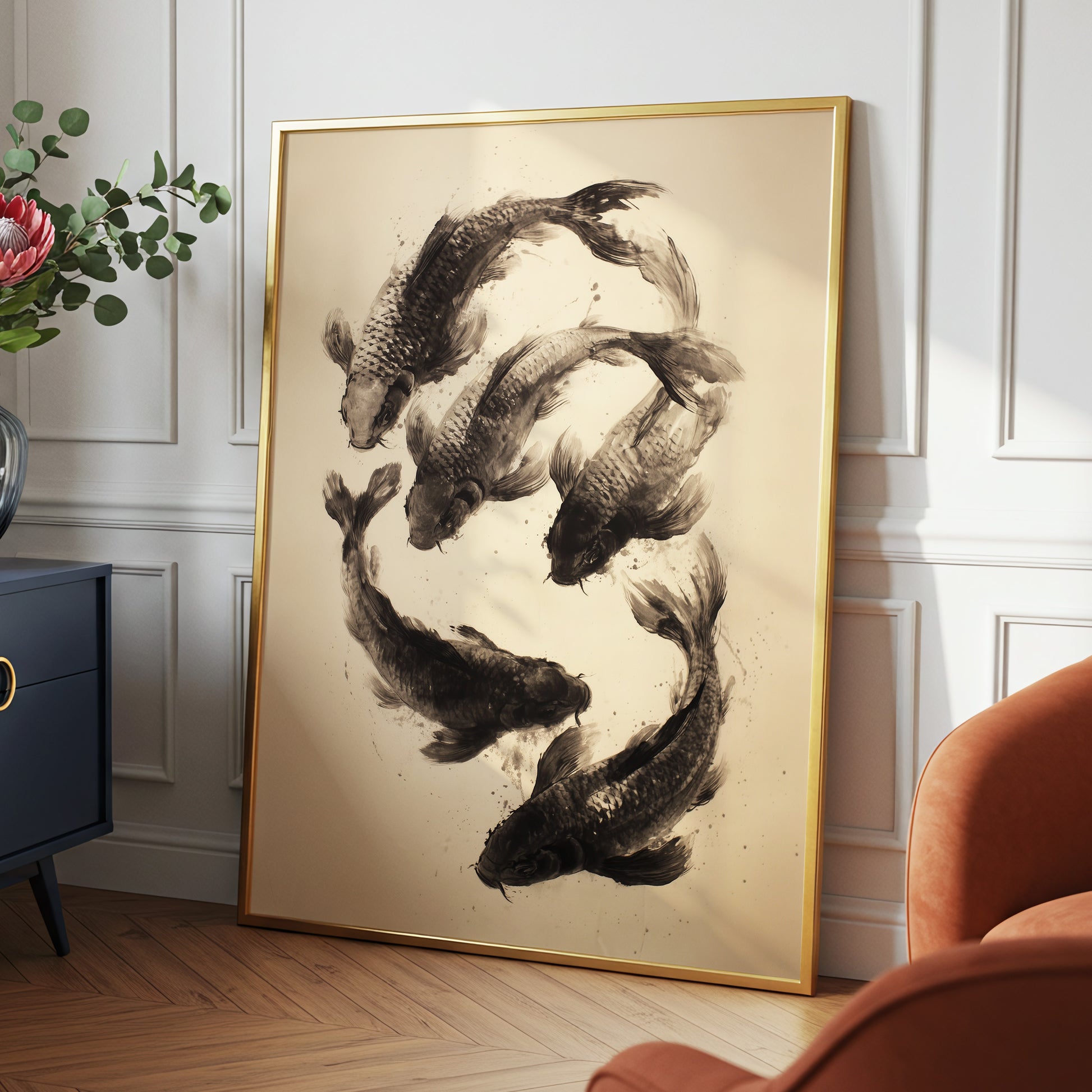 Koi in Quiet Currents, black, beige, brown nature wall art displayed in a styled interior, gallery view 6
