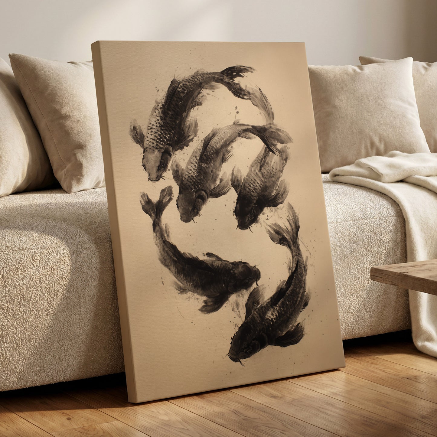 Koi in Quiet Currents, black, beige, brown nature wall art displayed in a styled interior, gallery view 7