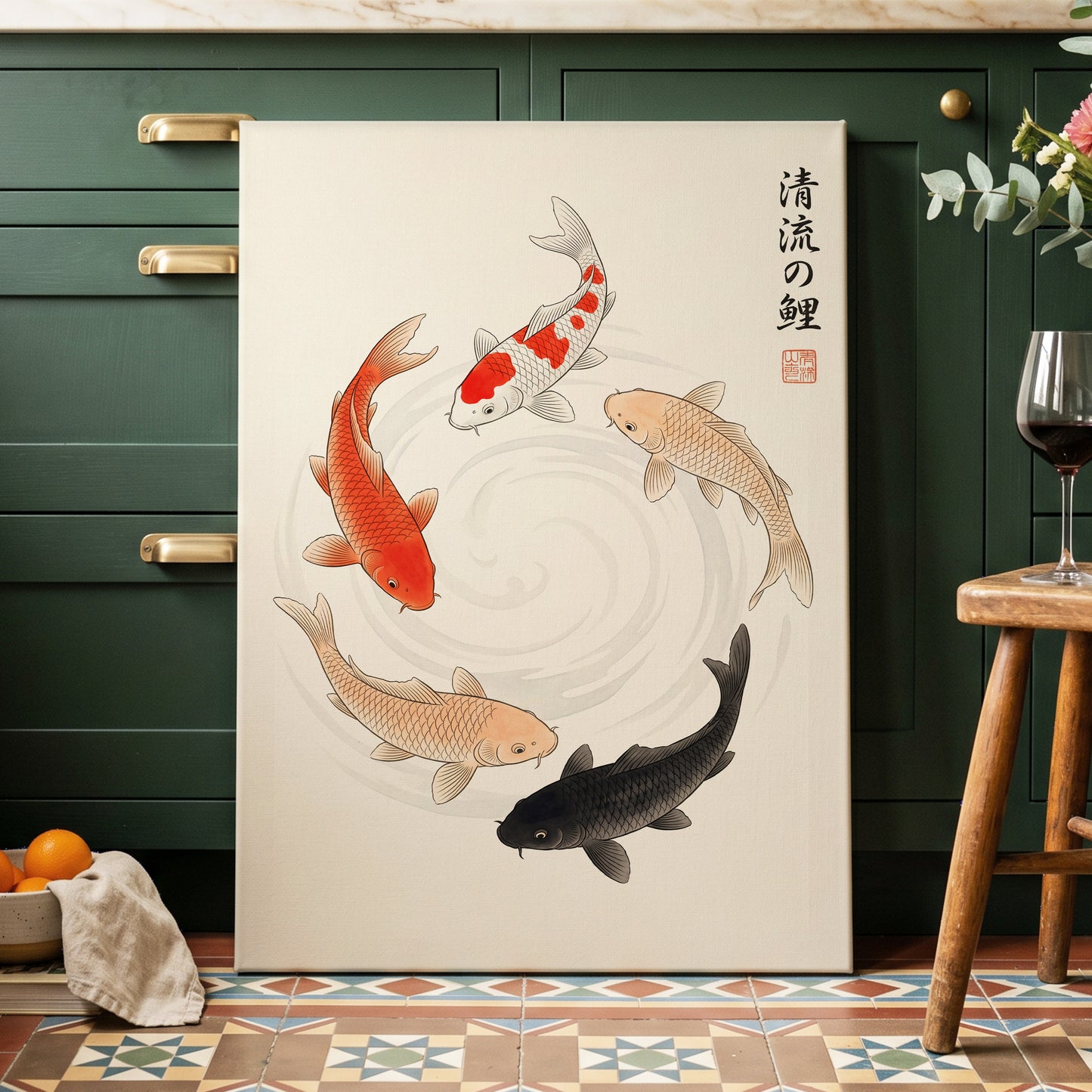 Koi in Quiet Currents, beige, red, orange nature wall art displayed in a styled interior, gallery view 7