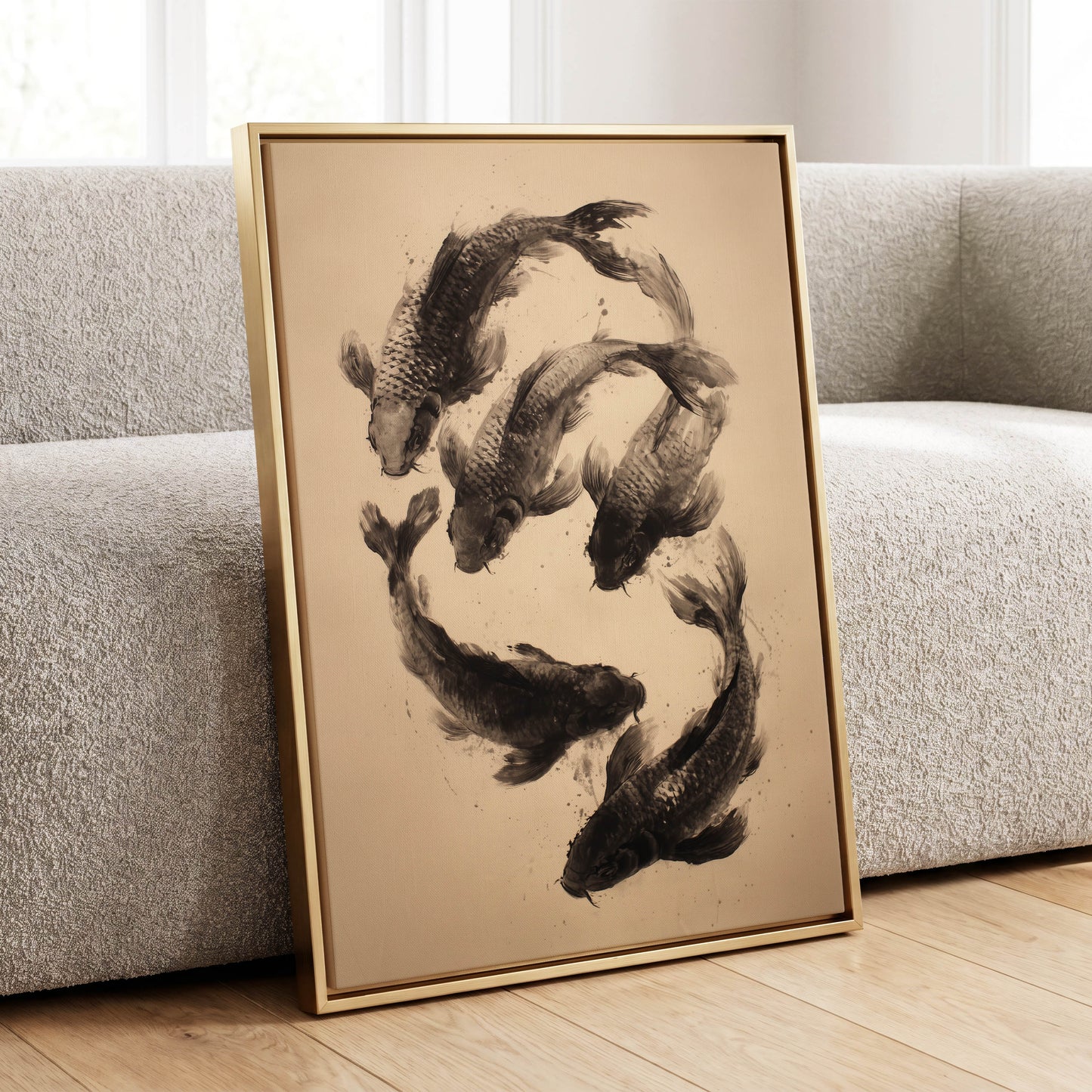 Koi in Quiet Currents, black, beige, brown nature wall art displayed in a styled interior, gallery view 8