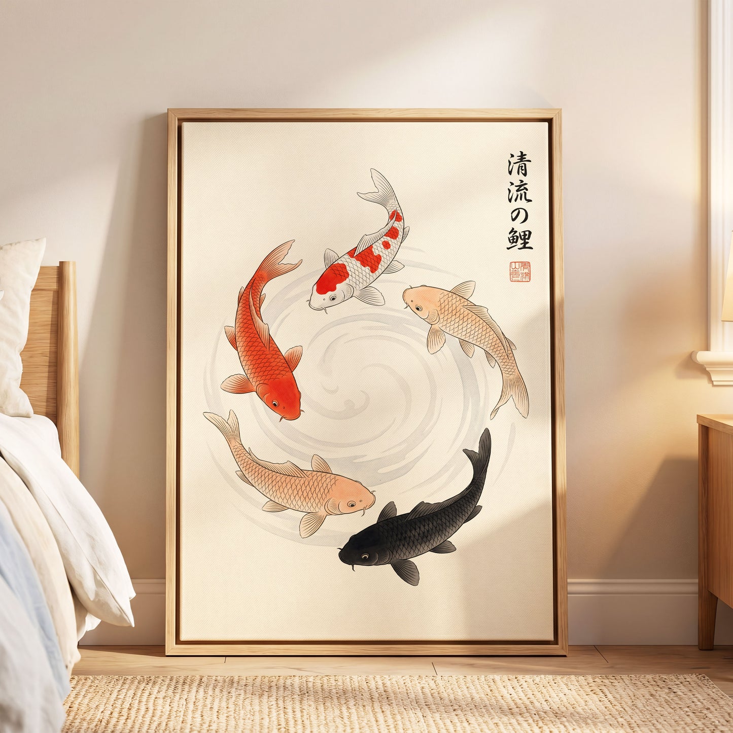 Koi in Quiet Currents, beige, red, orange nature wall art displayed in a styled interior, gallery view 8