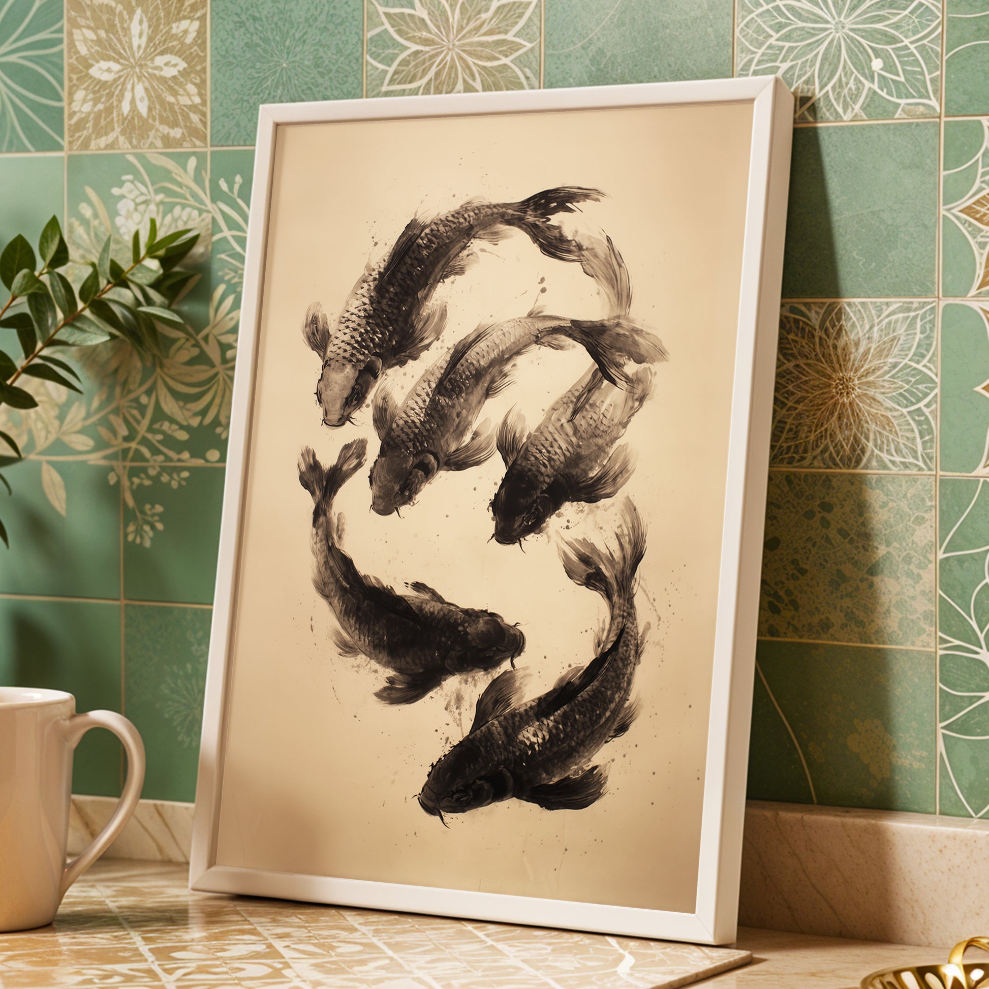 Koi in Quiet Currents, black, beige, brown nature wall art displayed in a styled interior, gallery view 9