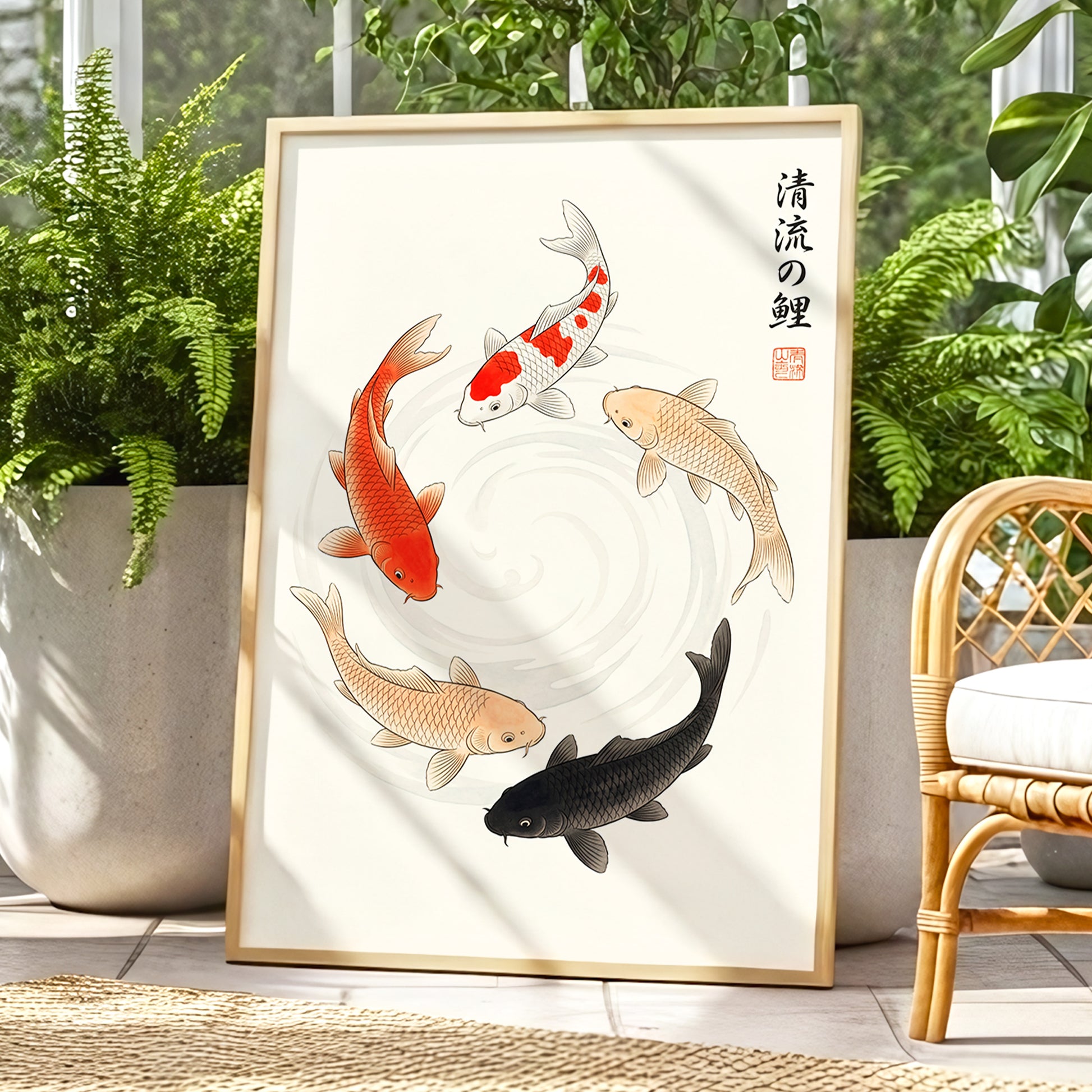 Koi in Quiet Currents, beige, red, orange nature wall art displayed in a styled interior, gallery view 9