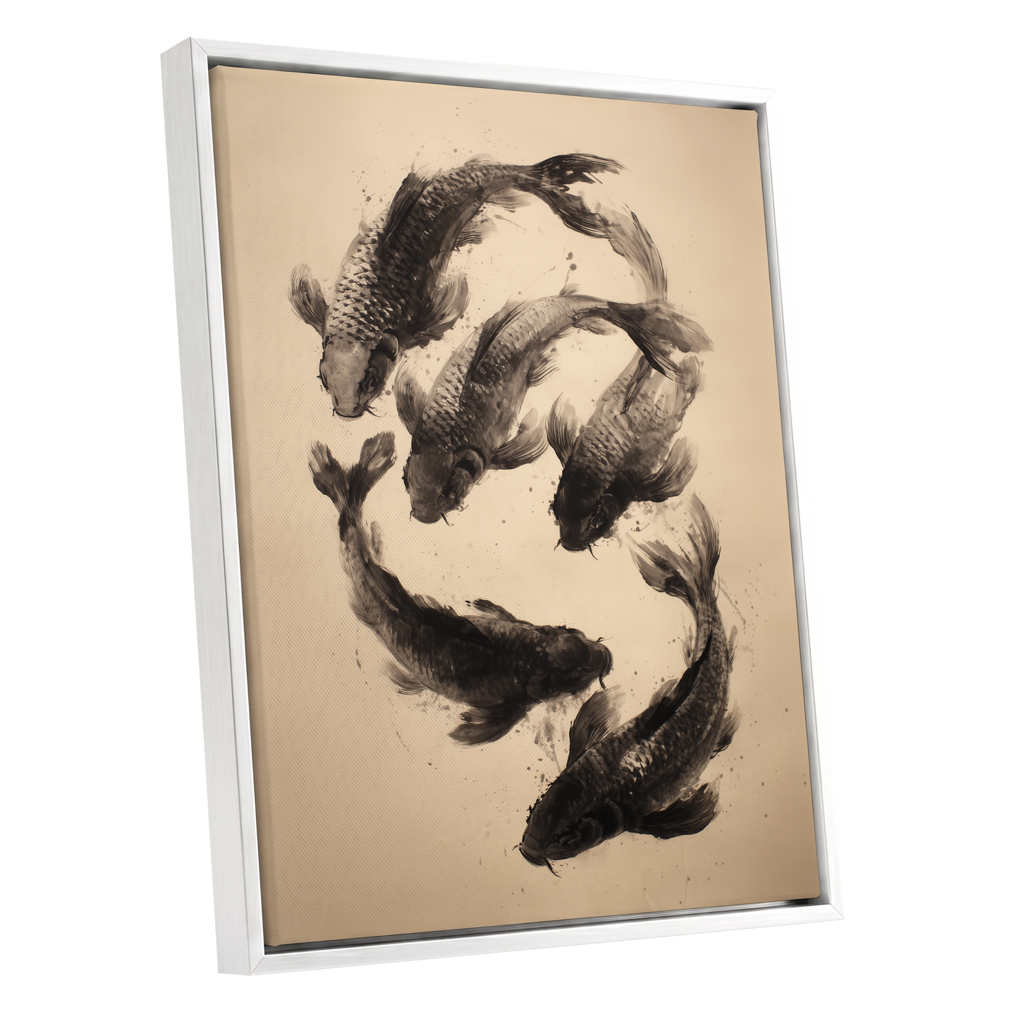 Koi in Quiet Currents, black, beige, brown nature wall art shown as a white framed canvas wall art
