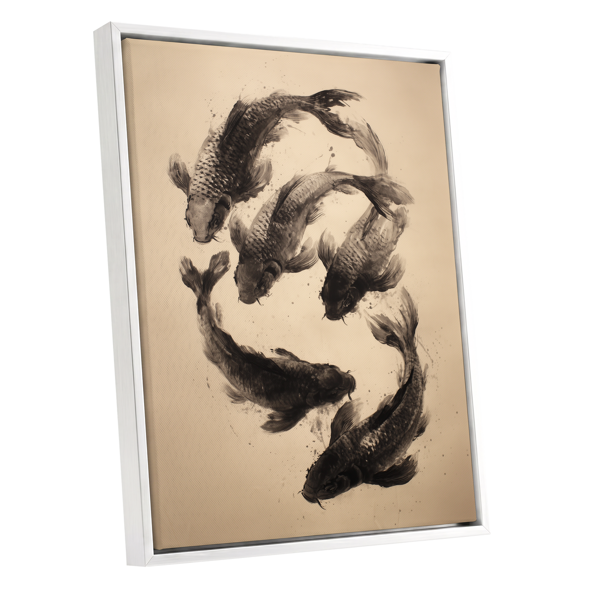 Koi in Quiet Currents, black, beige, brown nature wall art shown as a white framed canvas wall art