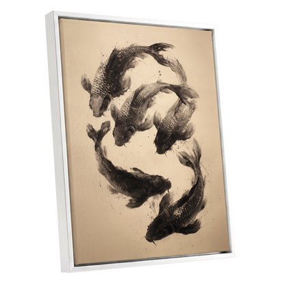 Koi in Quiet Currents, black, beige, brown nature wall art shown as a white framed canvas wall art