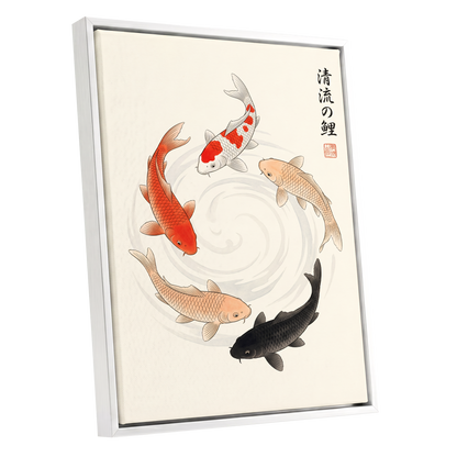 Koi in Quiet Currents, beige, red, orange nature wall art shown as a white framed canvas wall art