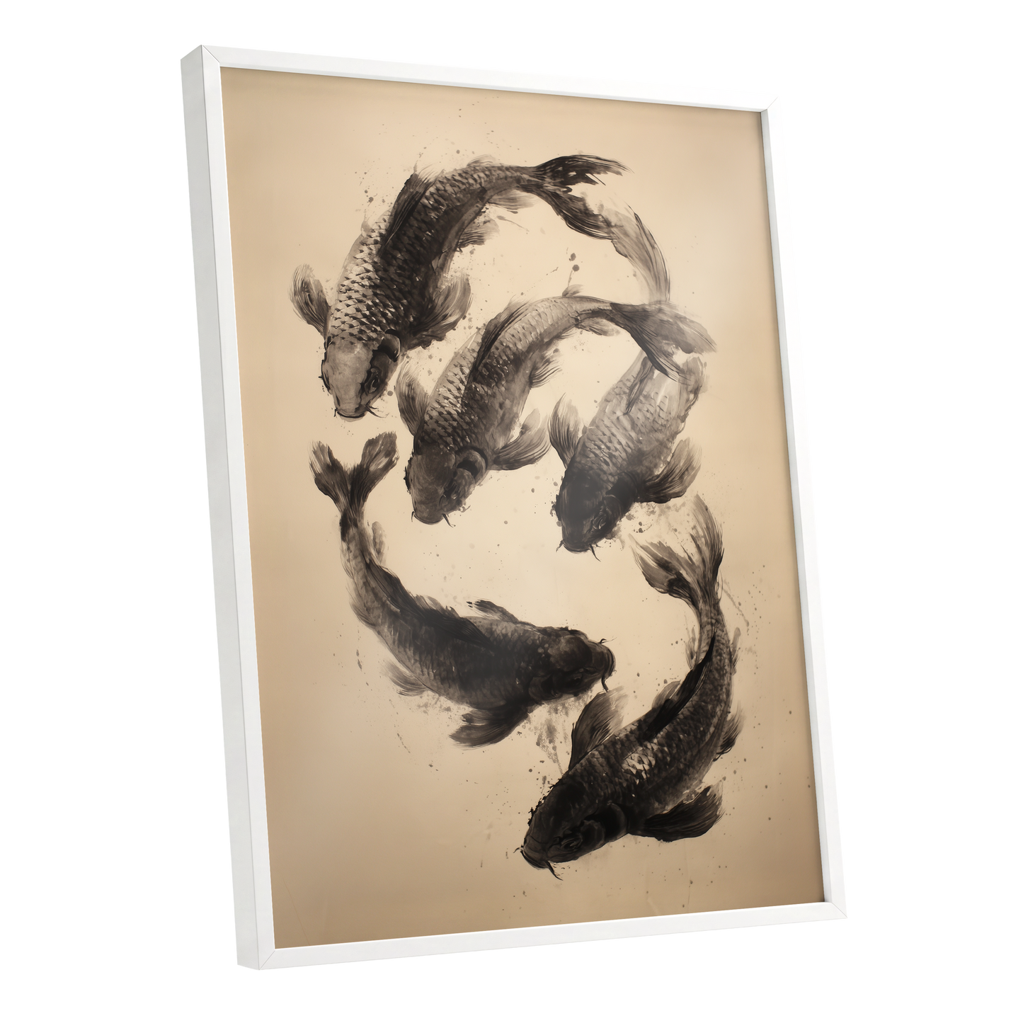 Koi in Quiet Currents, black, beige, brown nature wall art shown as a white framed poster wall art print