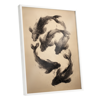 Koi in Quiet Currents, black, beige, brown nature wall art shown as a white framed poster wall art print