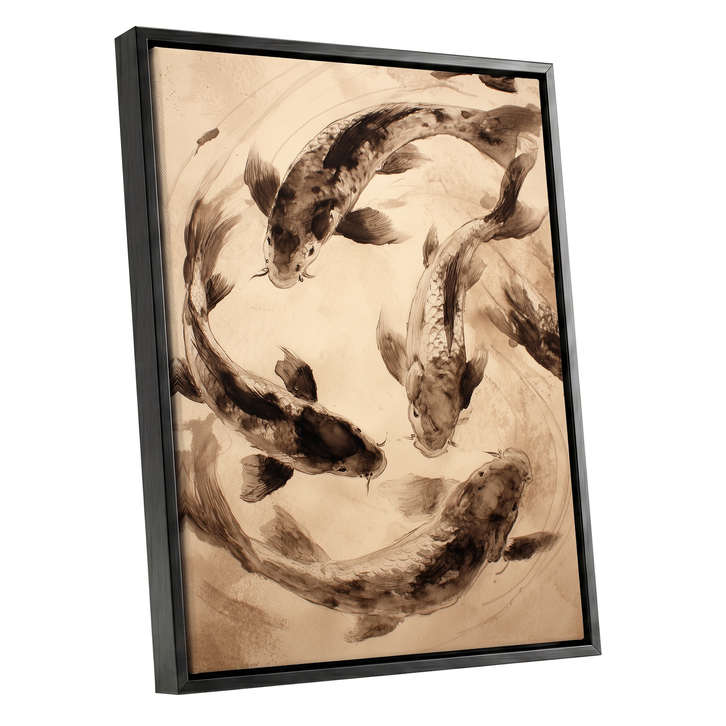 Koi in Quiet Orbit, beige, brown, black nature wall art shown as a black framed canvas wall art