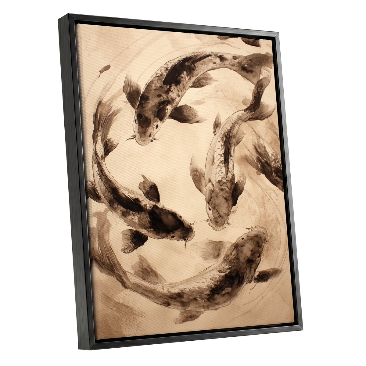 Koi in Quiet Orbit, beige, brown, black nature wall art shown as a black framed canvas wall art