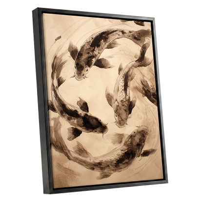 Koi in Quiet Orbit, beige, brown, black nature wall art shown as a black framed canvas wall art