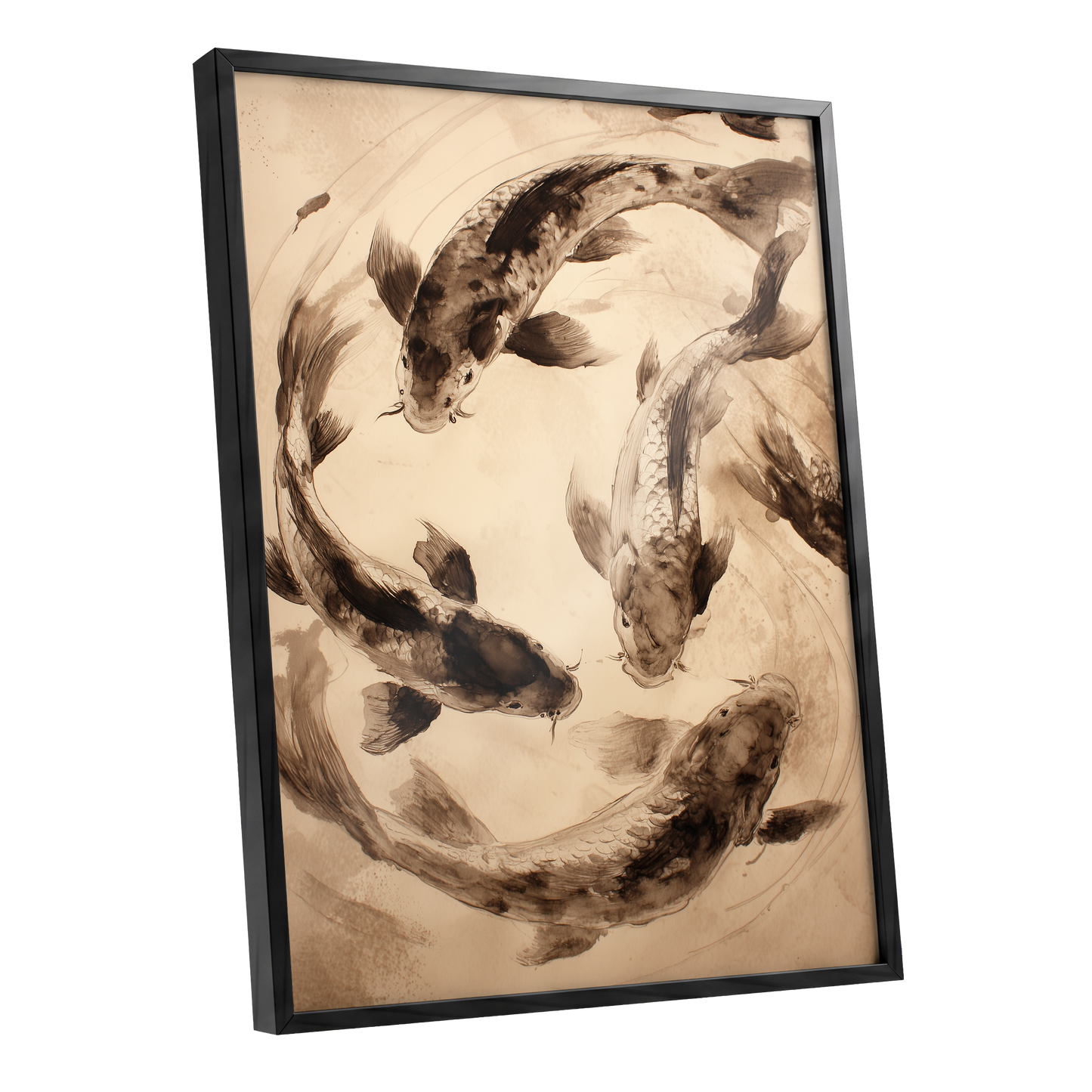 Koi in Quiet Orbit, beige, brown, black nature wall art shown as a black framed poster wall art print