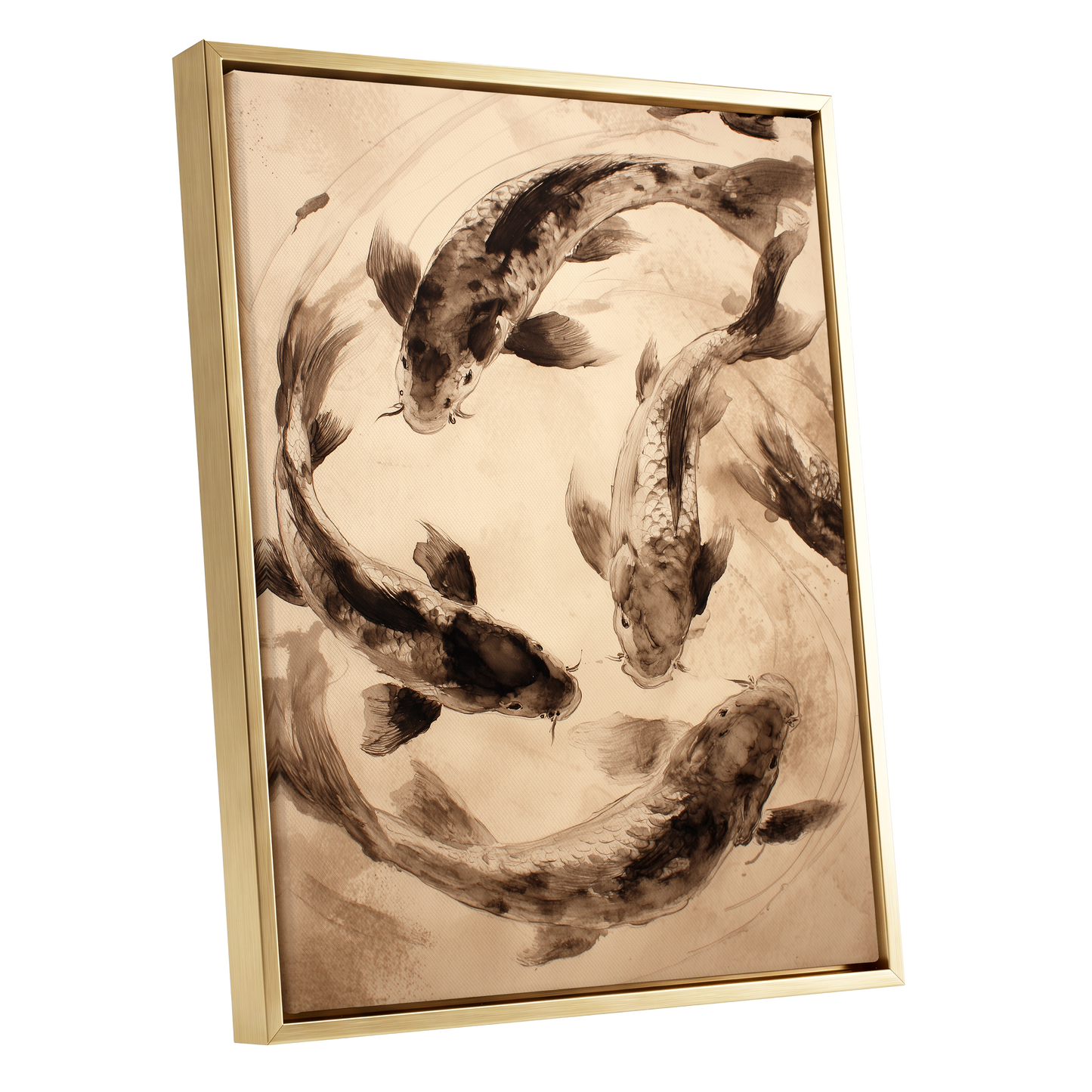 Koi in Quiet Orbit, beige, brown, black nature wall art shown as a gold framed canvas wall art