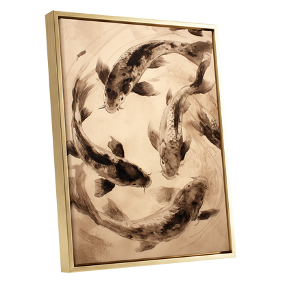 Koi in Quiet Orbit, beige, brown, black nature wall art shown as a gold framed canvas wall art