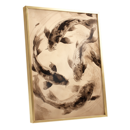 Koi in Quiet Orbit, beige, brown, black nature wall art shown as a gold framed poster wall art print