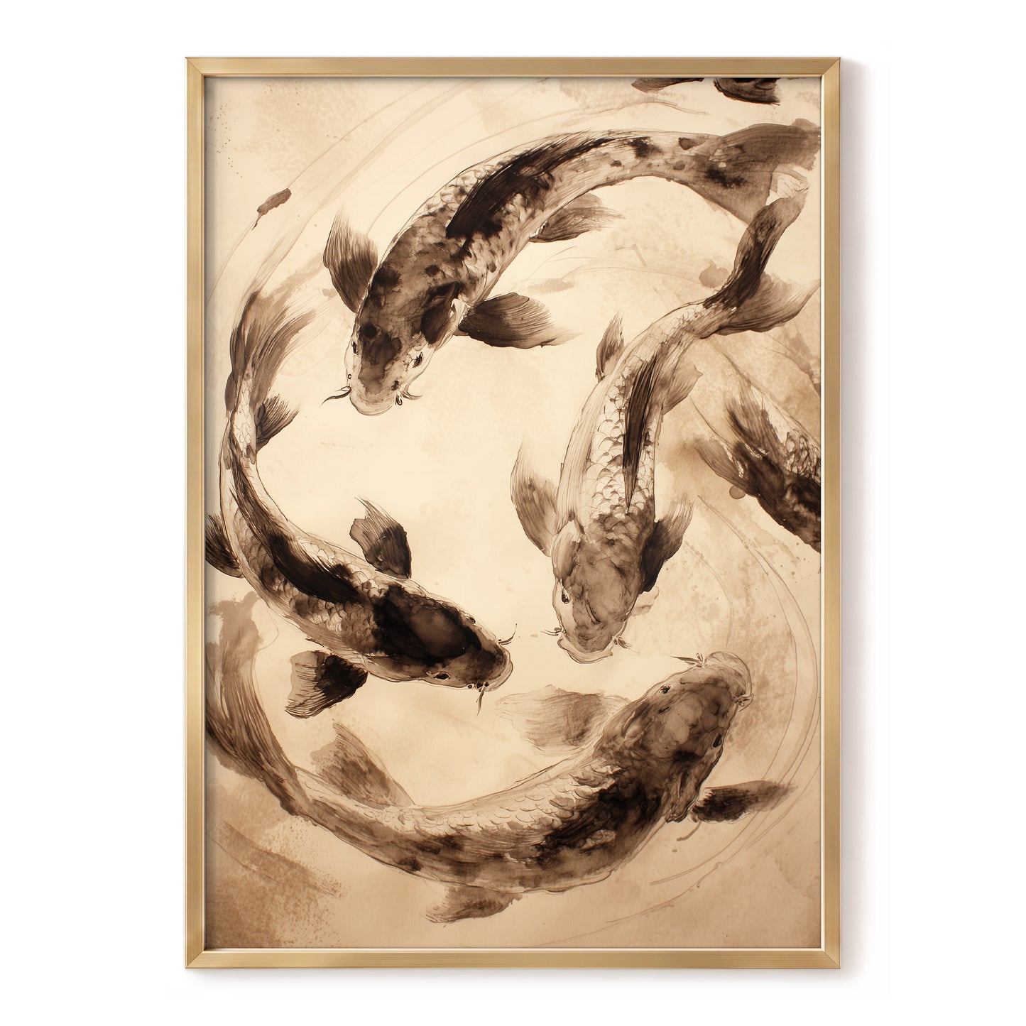 Koi in Quiet Orbit, beige, brown, black nature wall art, front artwork view