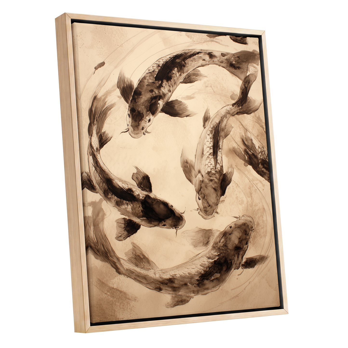 Koi in Quiet Orbit, beige, brown, black nature wall art shown as a oak framed canvas wall art
