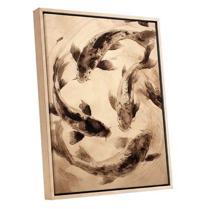 Koi in Quiet Orbit, beige, brown, black nature wall art shown as a oak framed canvas wall art