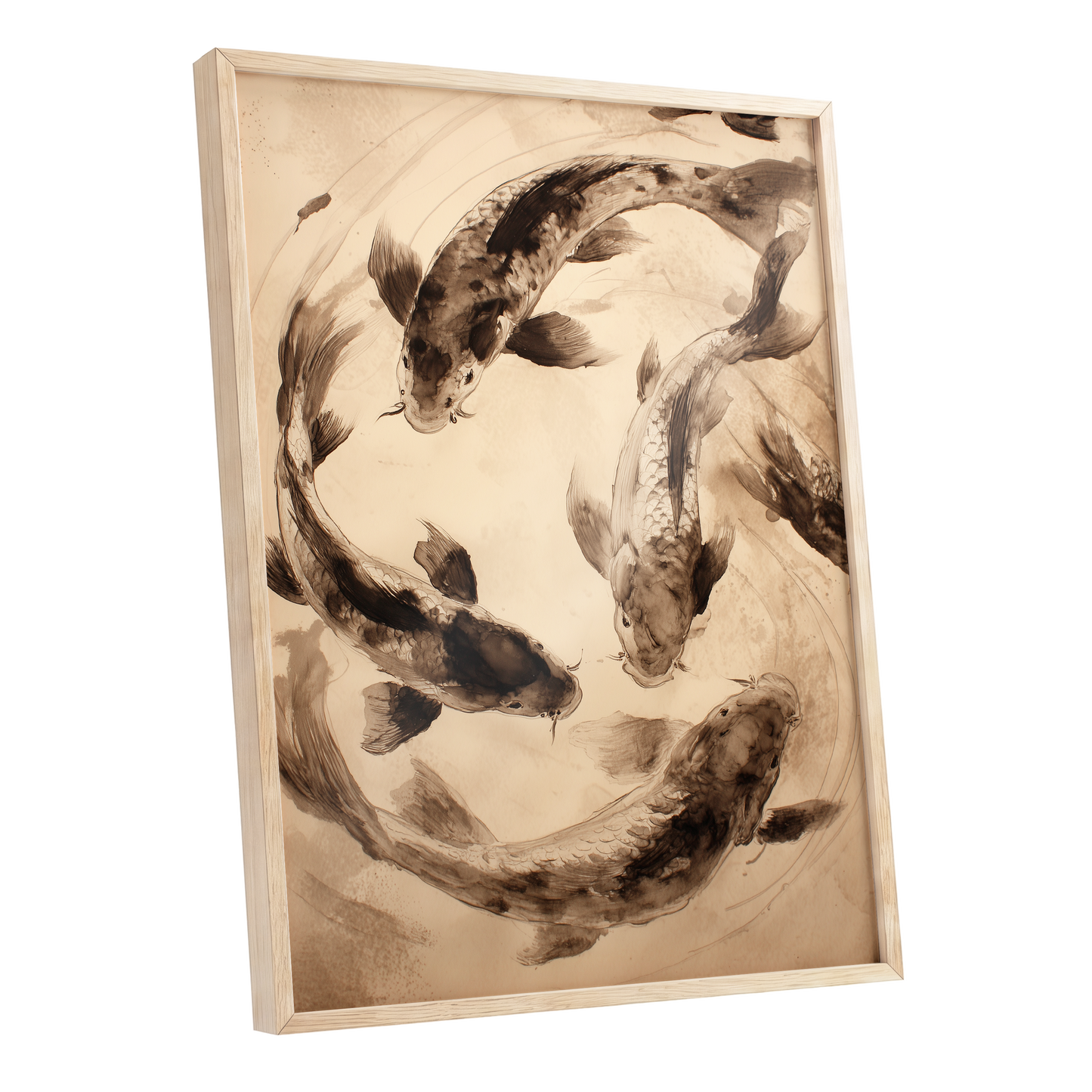 Koi in Quiet Orbit, beige, brown, black nature wall art shown as a oak framed poster wall art print