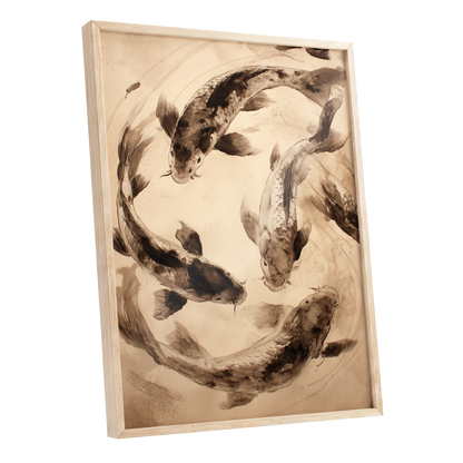 Koi in Quiet Orbit, beige, brown, black nature wall art shown as a oak framed poster wall art print