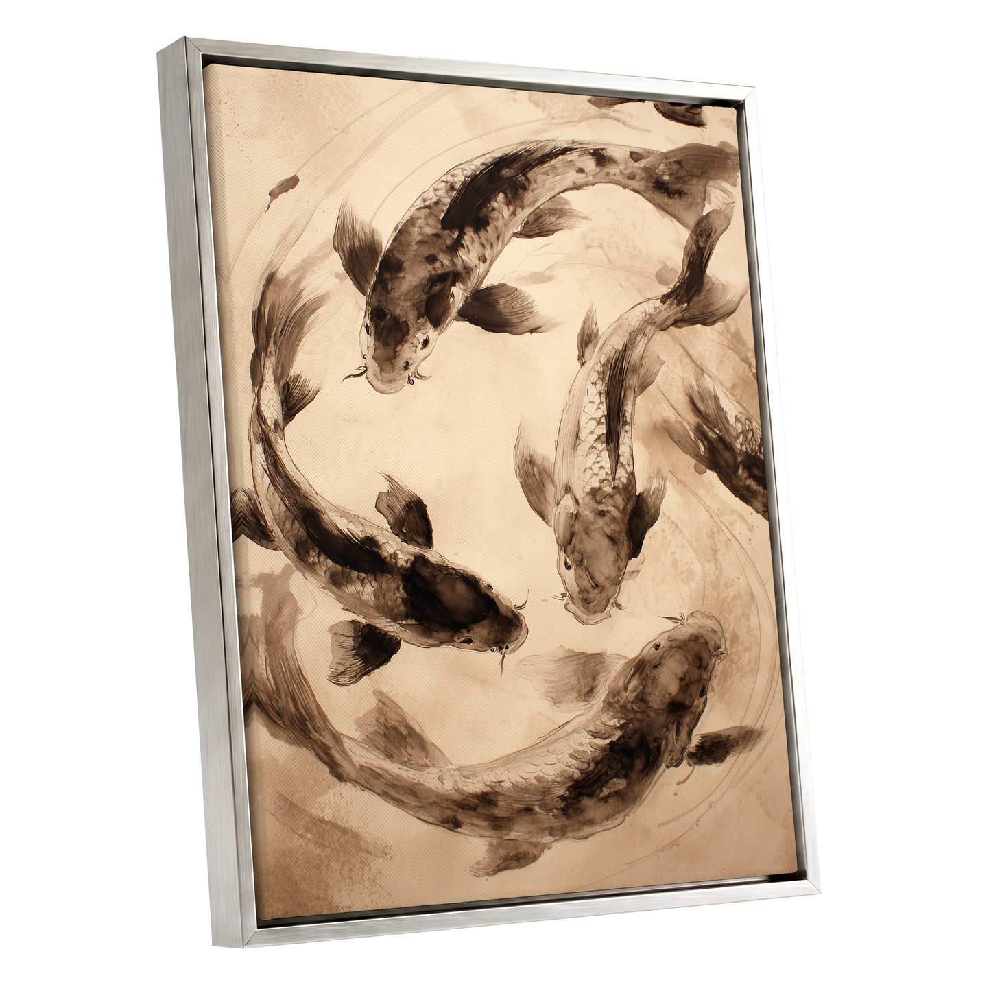 Koi in Quiet Orbit, beige, brown, black nature wall art shown as a silver framed canvas wall art