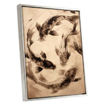 Koi in Quiet Orbit, beige, brown, black nature wall art shown as a silver framed canvas wall art