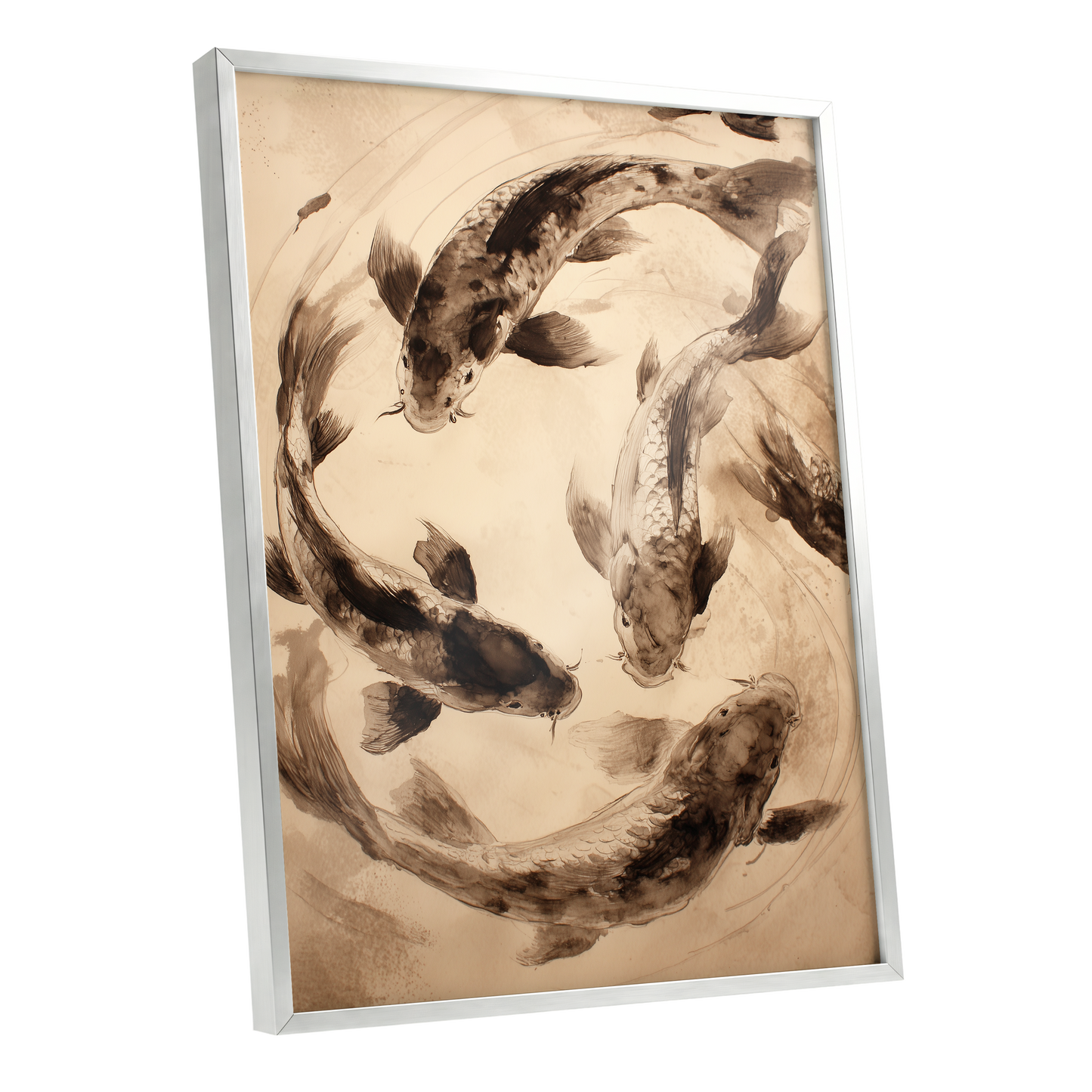Koi in Quiet Orbit, beige, brown, black nature wall art shown as a silver framed poster wall art print
