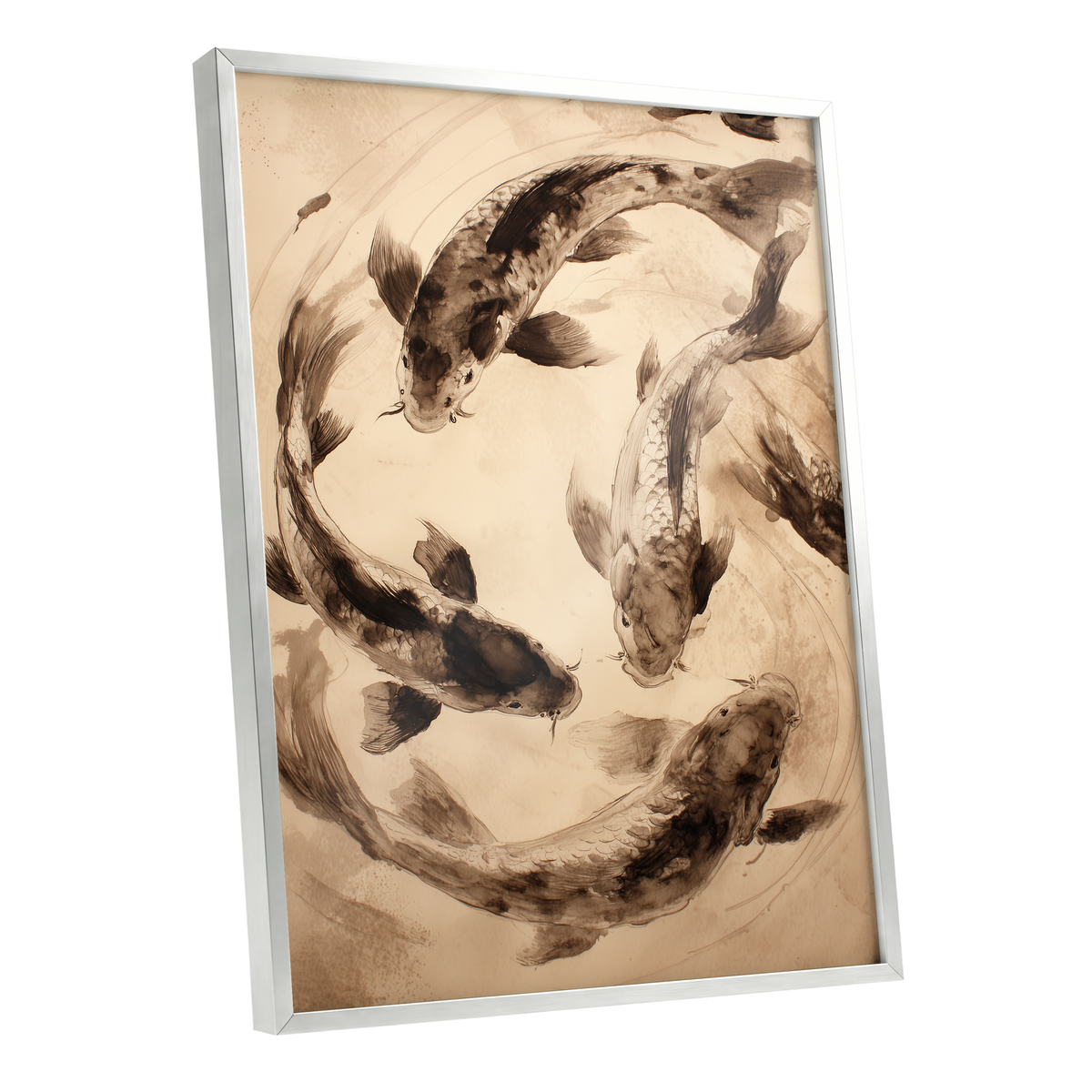 Koi in Quiet Orbit, beige, brown, black nature wall art shown as a silver framed poster wall art print