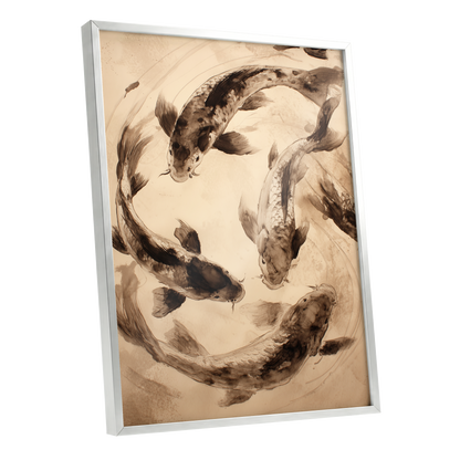 Koi in Quiet Orbit, beige, brown, black nature wall art shown as a silver framed poster wall art print