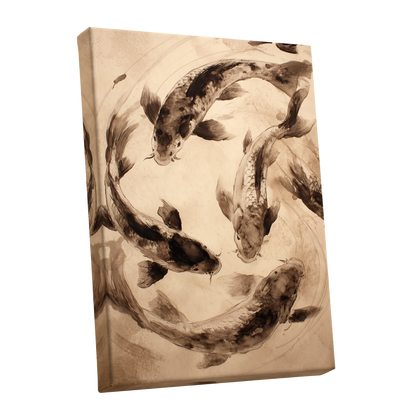 Koi in Quiet Orbit, beige, brown, black nature wall art shown as a stretched canvas wall art