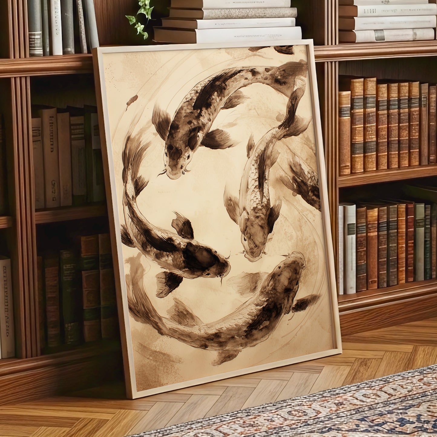 Koi in Quiet Orbit, beige, brown, black nature wall art displayed in a styled interior, gallery view 2