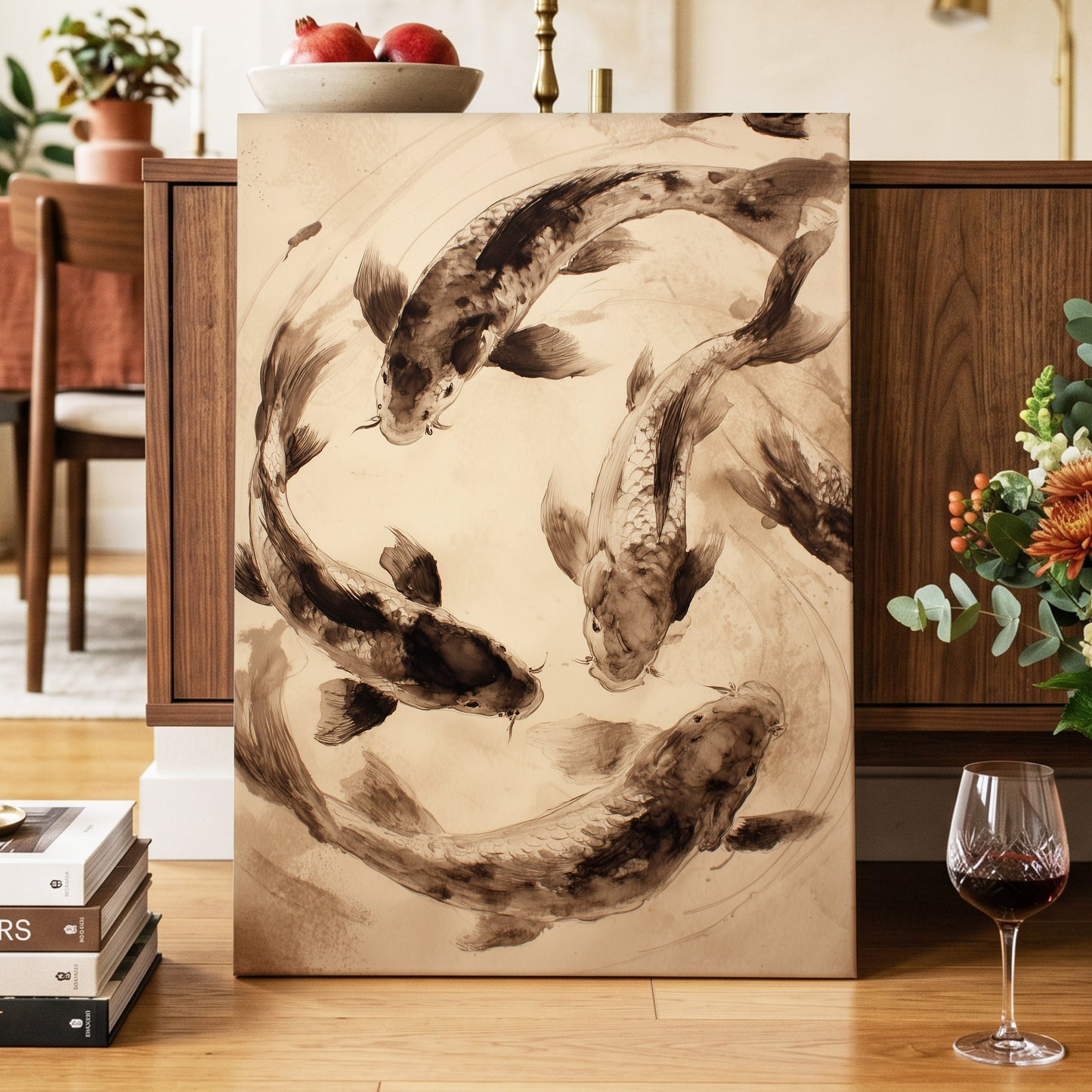 Koi in Quiet Orbit, beige, brown, black nature wall art displayed in a styled interior, gallery view 3