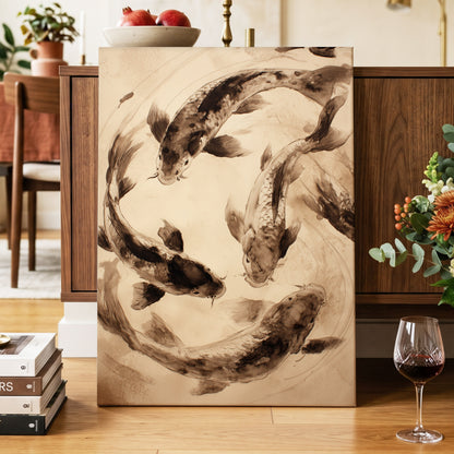 Koi in Quiet Orbit, beige, brown, black nature wall art displayed in a styled interior, gallery view 3