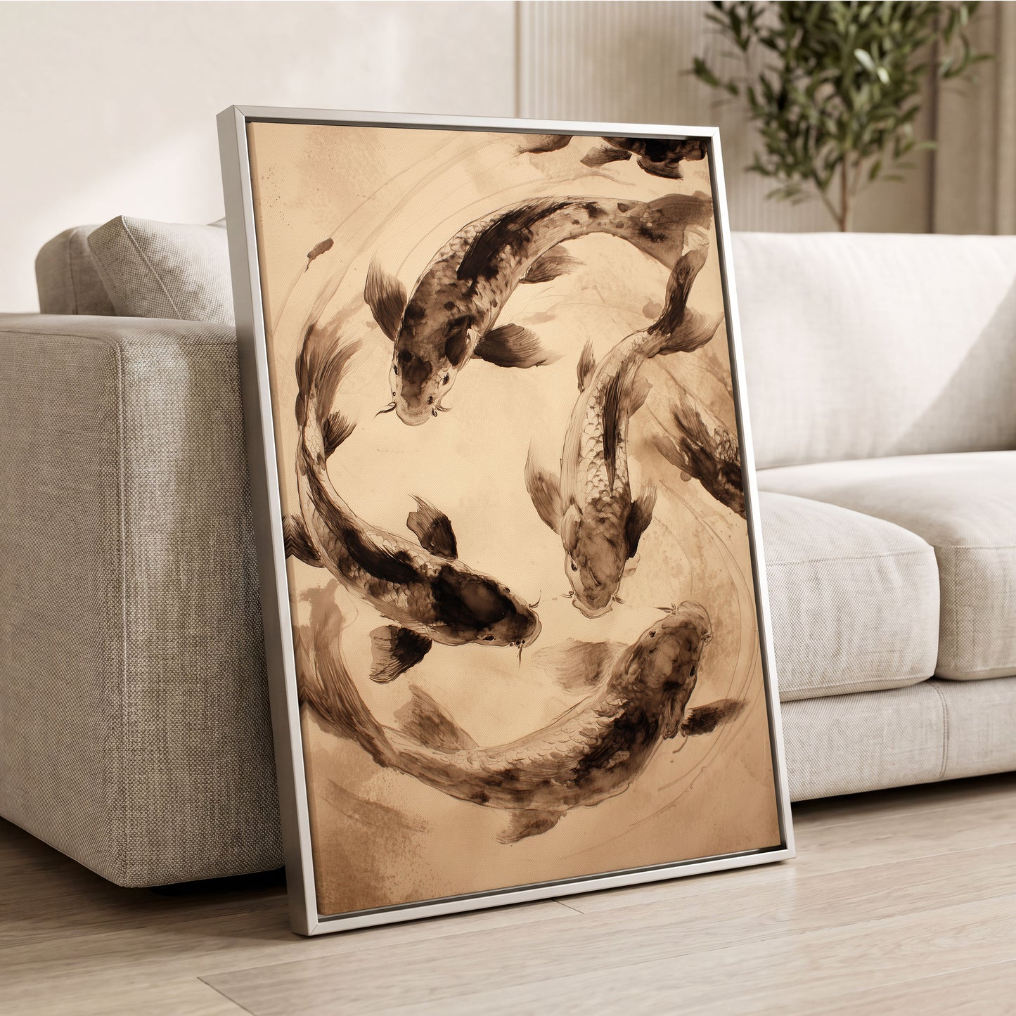 Koi in Quiet Orbit, beige, brown, black nature wall art displayed in a styled interior, gallery view 4