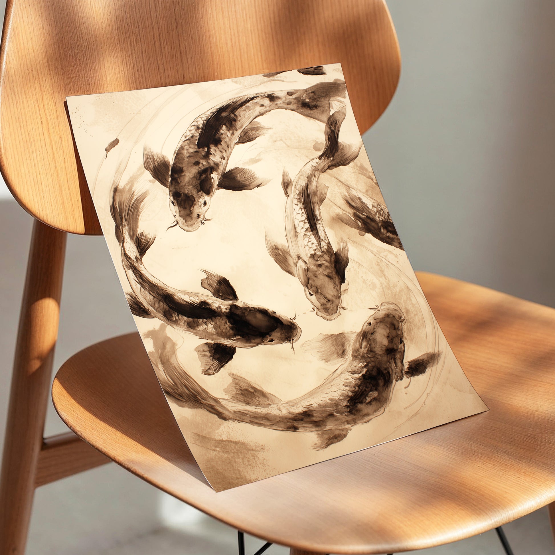 Koi in Quiet Orbit, beige, brown, black nature wall art displayed in a styled interior, gallery view 5
