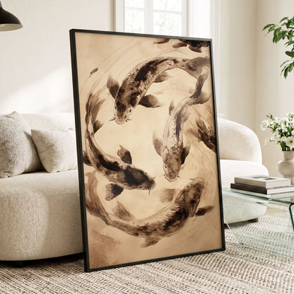 Koi in Quiet Orbit, beige, brown, black nature wall art displayed in a styled interior, gallery view 6