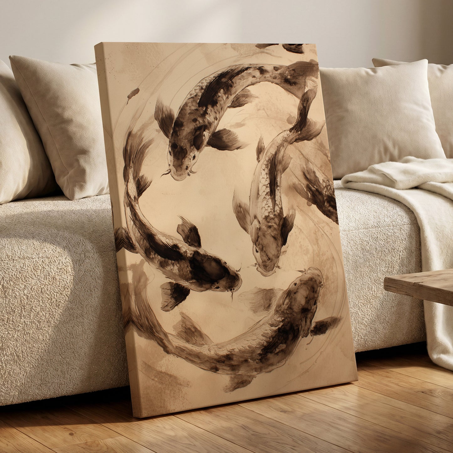 Koi in Quiet Orbit, beige, brown, black nature wall art displayed in a styled interior, gallery view 7