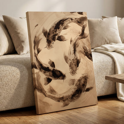 Koi in Quiet Orbit, beige, brown, black nature wall art displayed in a styled interior, gallery view 7
