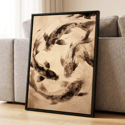 Koi in Quiet Orbit, beige, brown, black nature wall art displayed in a styled interior, gallery view 8