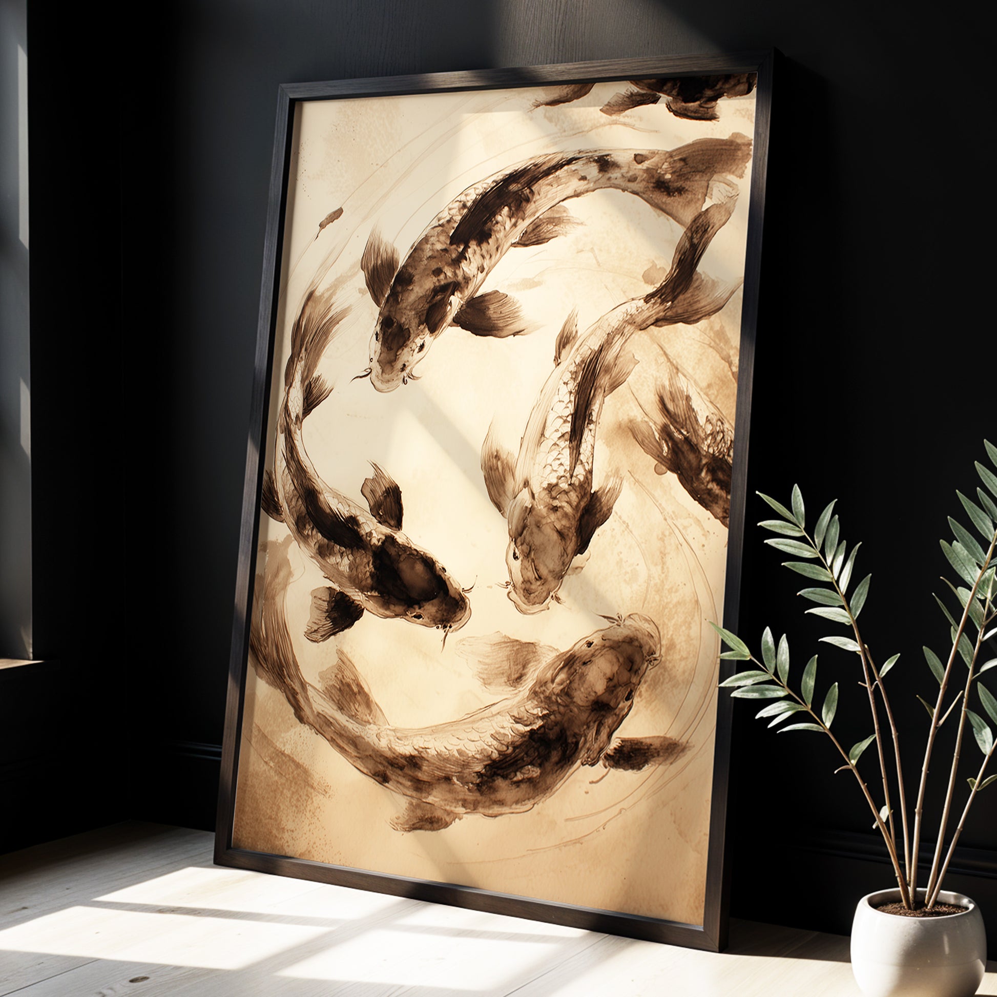 Koi in Quiet Orbit, beige, brown, black nature wall art displayed in a styled interior, gallery view 9