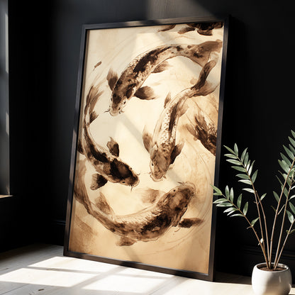 Koi in Quiet Orbit, beige, brown, black nature wall art displayed in a styled interior, gallery view 9