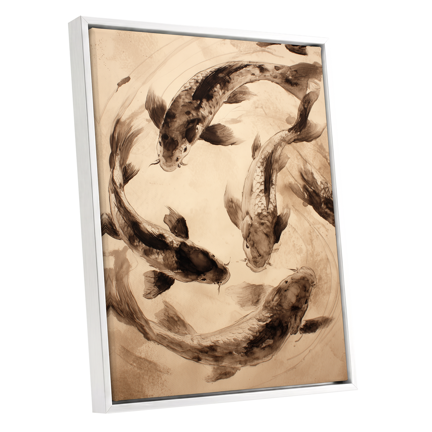 Koi in Quiet Orbit, beige, brown, black nature wall art shown as a white framed canvas wall art