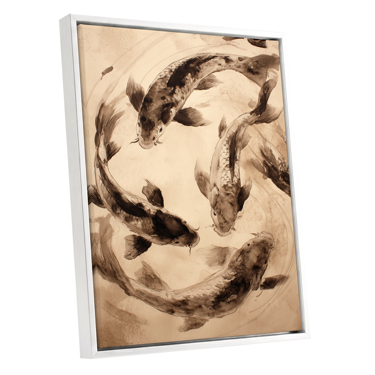 Koi in Quiet Orbit, beige, brown, black nature wall art shown as a white framed canvas wall art
