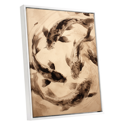 Koi in Quiet Orbit, beige, brown, black nature wall art shown as a white framed canvas wall art