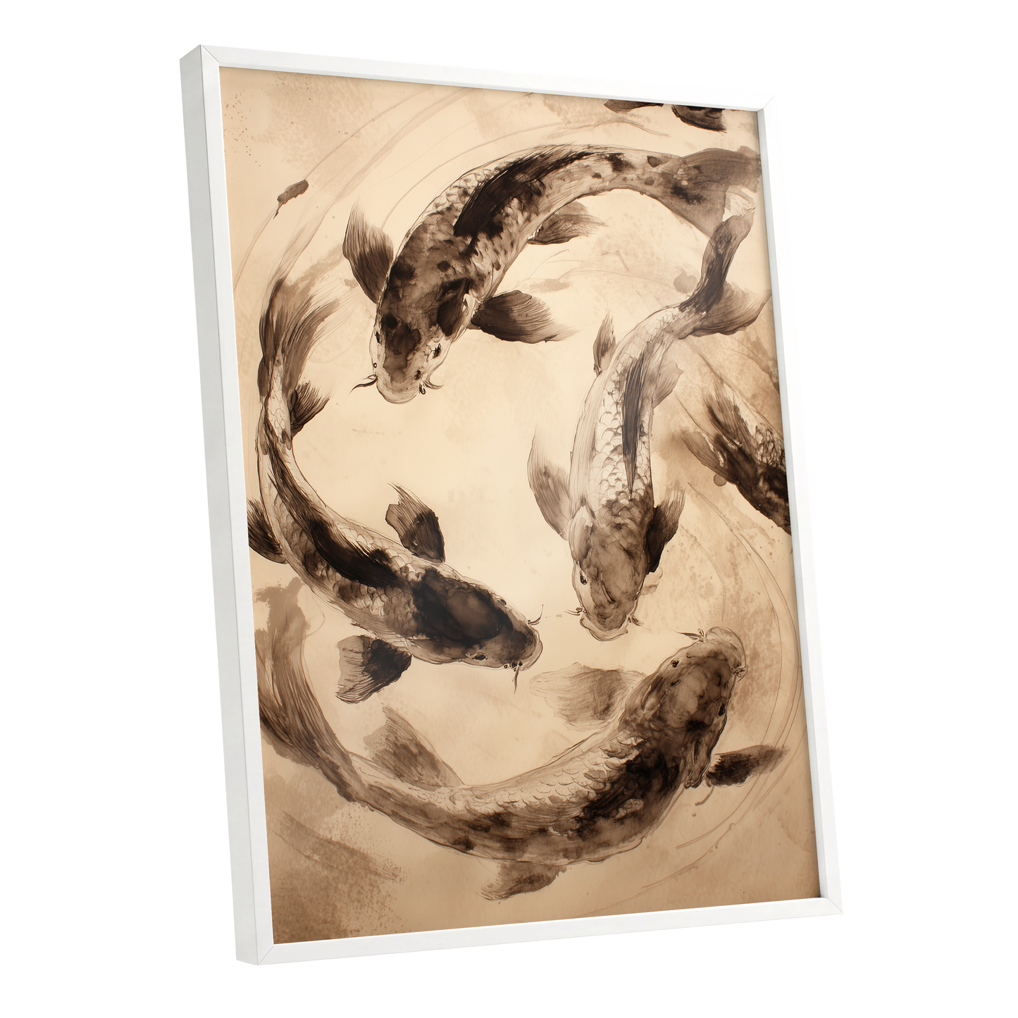 Koi in Quiet Orbit, beige, brown, black nature wall art shown as a white framed poster wall art print