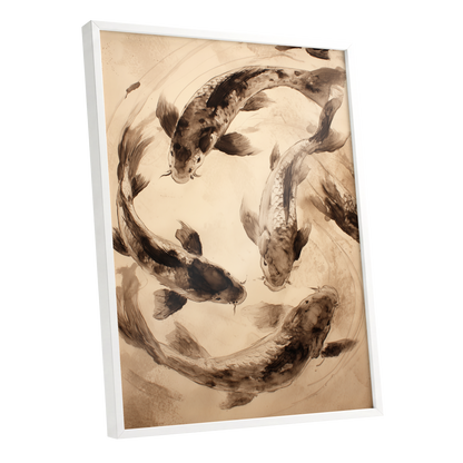 Koi in Quiet Orbit, beige, brown, black nature wall art shown as a white framed poster wall art print