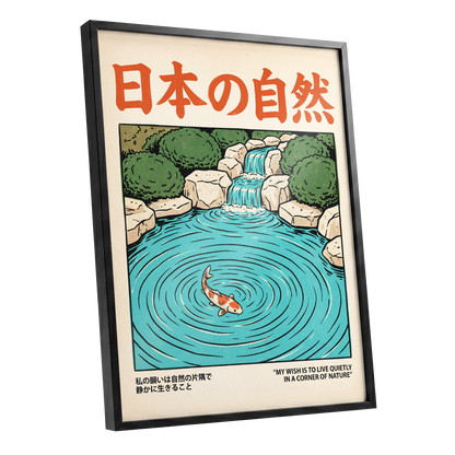 Koi in Quiet Waters, blue, green, beige nature wall art shown as a black framed poster wall art print