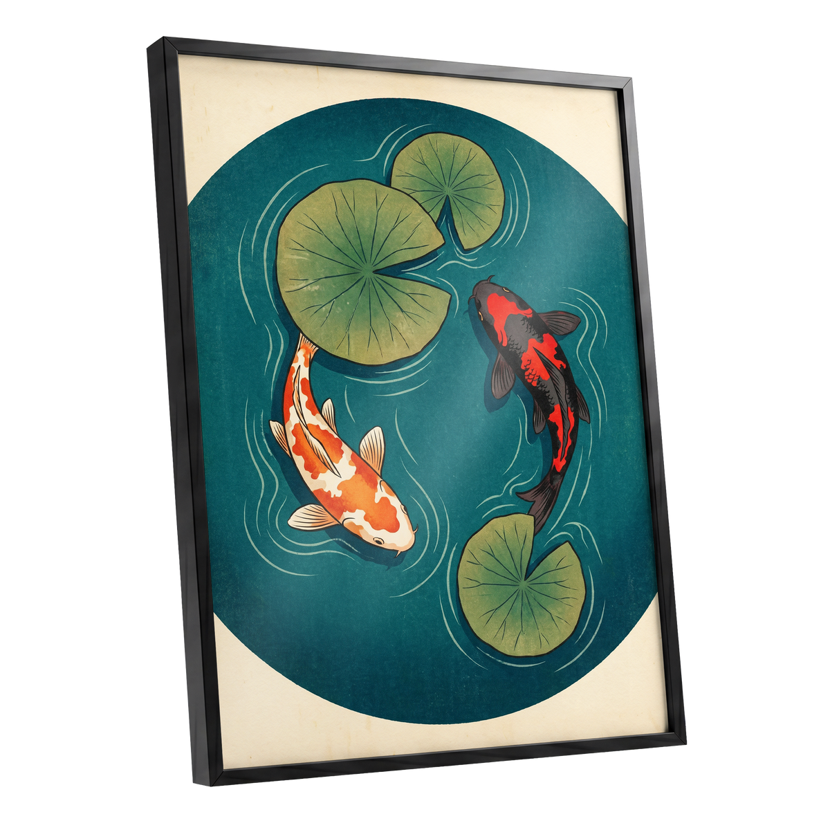 Koi in Quiet Waters, blue, green, beige nature wall art shown as a black framed poster wall art print