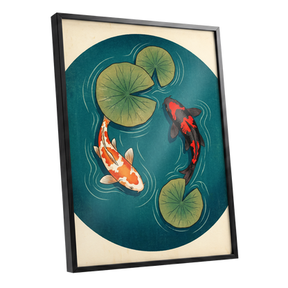 Koi in Quiet Waters, blue, green, beige nature wall art shown as a black framed poster wall art print